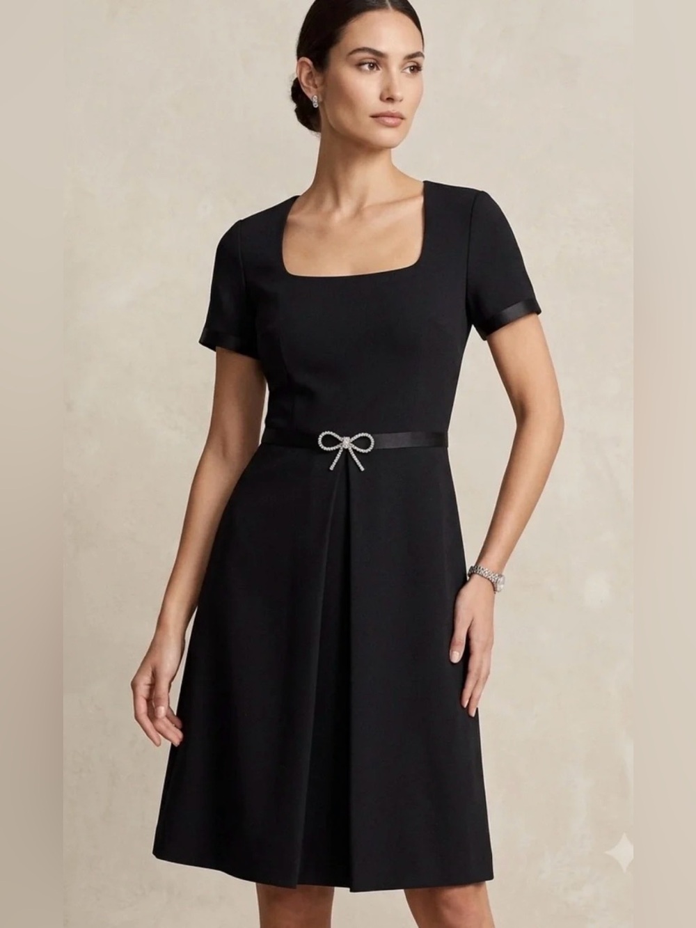 Karl Lagerfeld Black Square-Neck Short-Sleeve Midi Dress with RhinestoneBow Belt